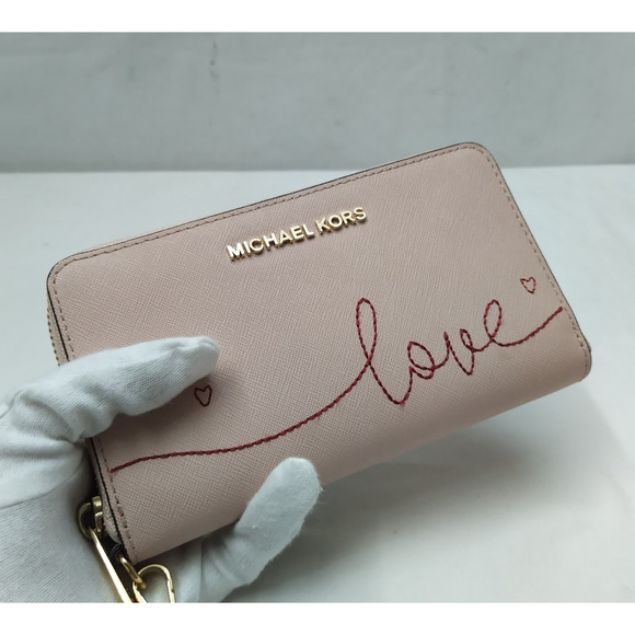 Michael Kors Pink Leather Love Sign Zip Around Credit Card ID Window Wallet - Picture 3 of 14